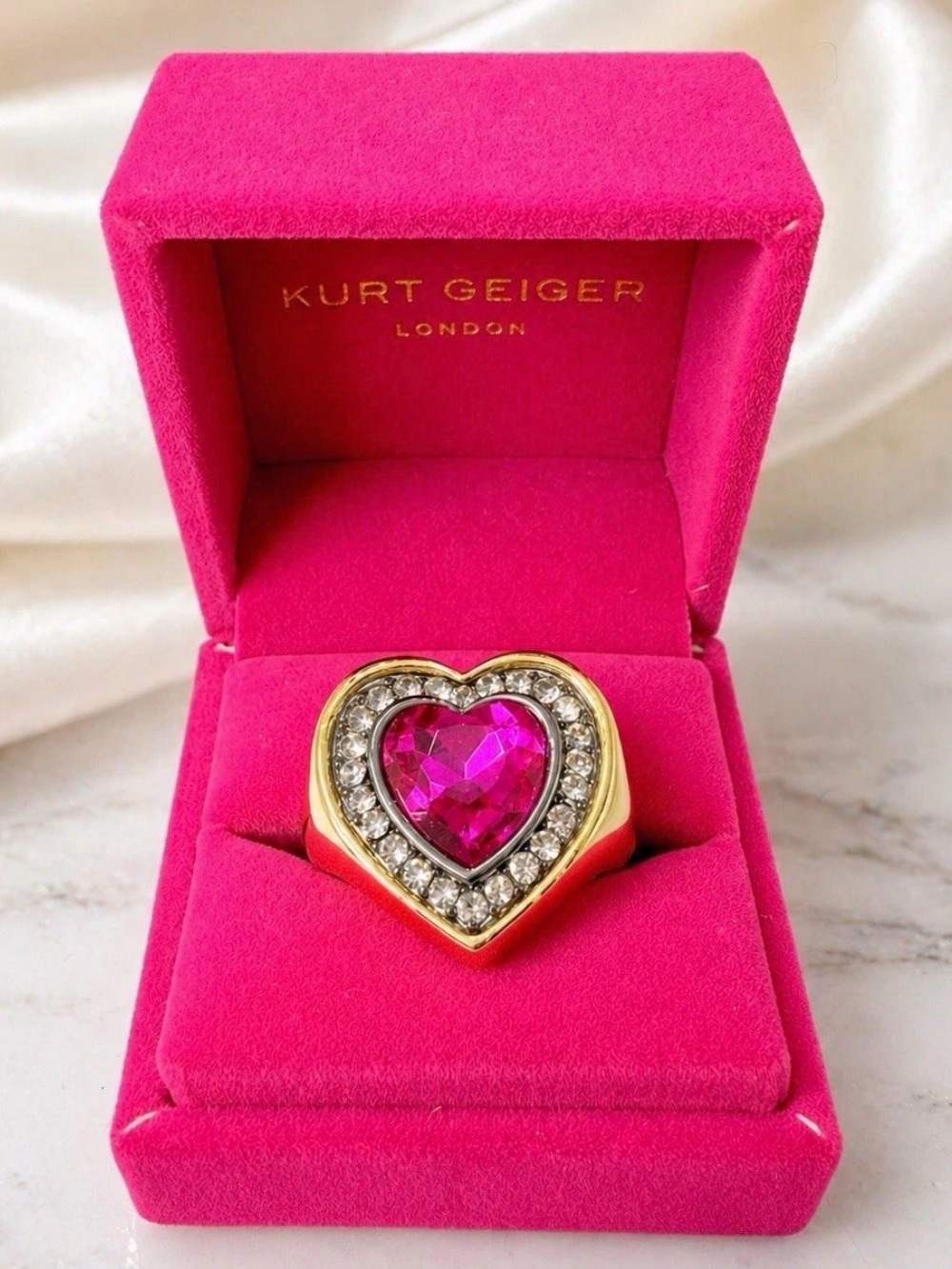 Kurt Geiger London Heart Ring with Fuchsia Crystal Center. Size 7